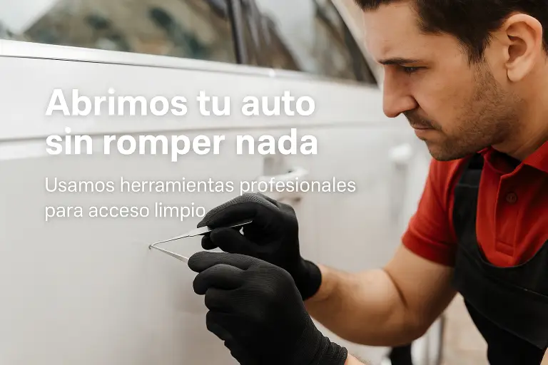 Técnico automotriz abriendo un auto moderno con ganzúa especializada, sin causar daños. Servicio profesional en Panamá.