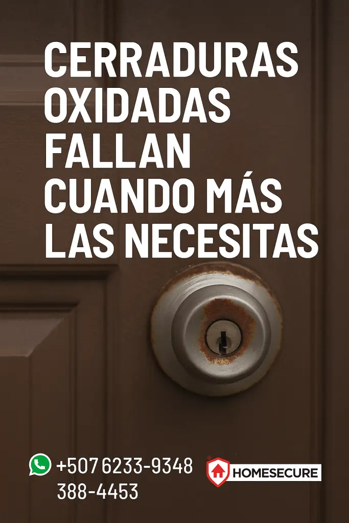 Cerradura con óxido en puerta de madera. HomeSecurePTY alerta sobre el riesgo de fallos por desgaste en Panamá.