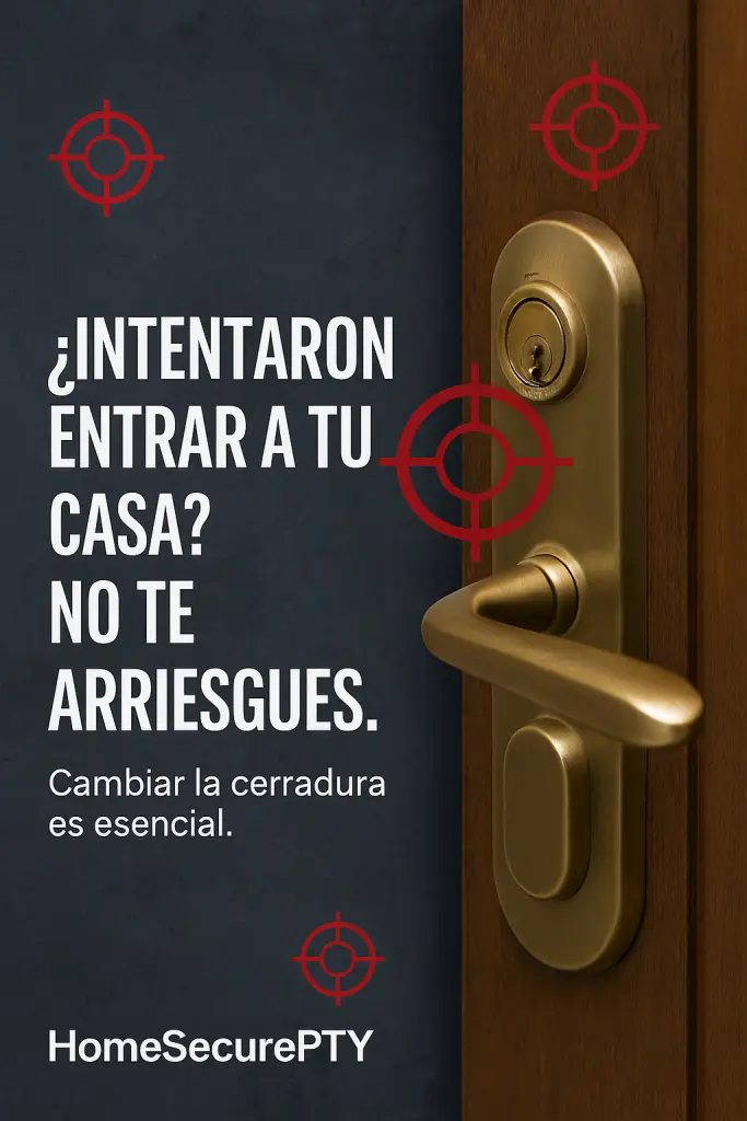 Puerta con cerradura dañada por intento de intrusión. HomeSecurePTY recomienda cambiar la cerradura tras un intento de robo en Panamá.