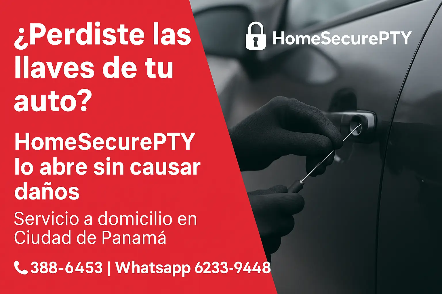 Cerrajero automotriz abriendo puerta de auto sin causar daños en Panamá. Servicio profesional de HomeSecurePTY.