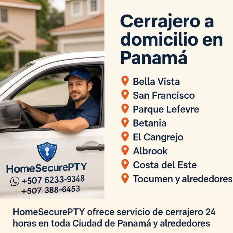 Cerrajero de HomeSecurePTY brindando servicio a domicilio en zonas residenciales de Ciudad de Panamá.