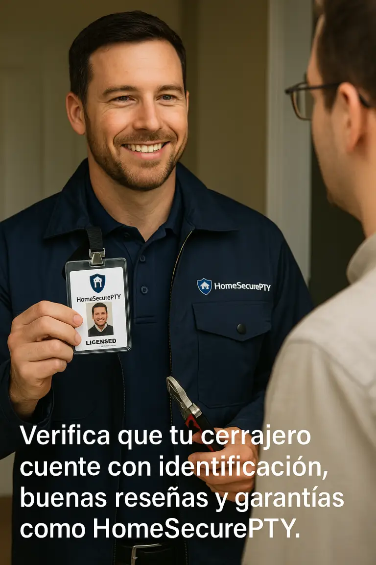 Cerrajero confiable en Panamá mostrando identificación profesional a cliente durante servicio de emergencia.