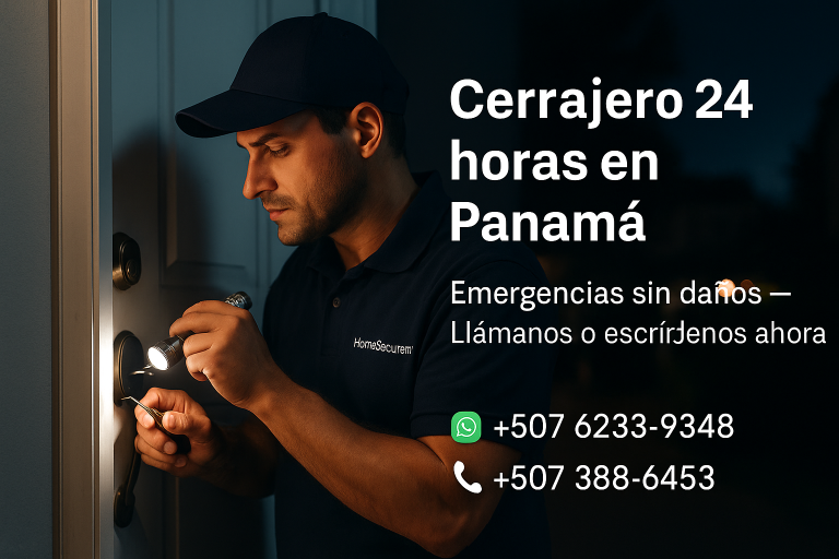 Cerrajero atendiendo emergencia nocturna en Panamá, abriendo puerta de residencia con profesionalismo.