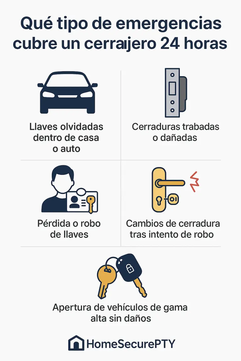 Tipos de emergencias atendidas por cerrajero 24 horas en Panamá: puertas trabadas, llaves perdidas, autos cerrados, y más.
