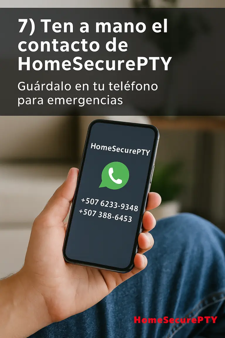 Guardar el contacto de HomeSecurePTY en el teléfono para emergencias en Panamá