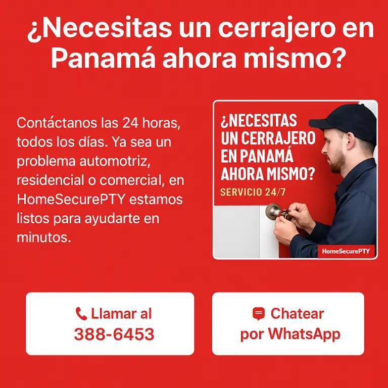 Cerrajero de HomeSecurePTY sosteniendo herramientas frente a vehículo con texto Contáctanos Hoy