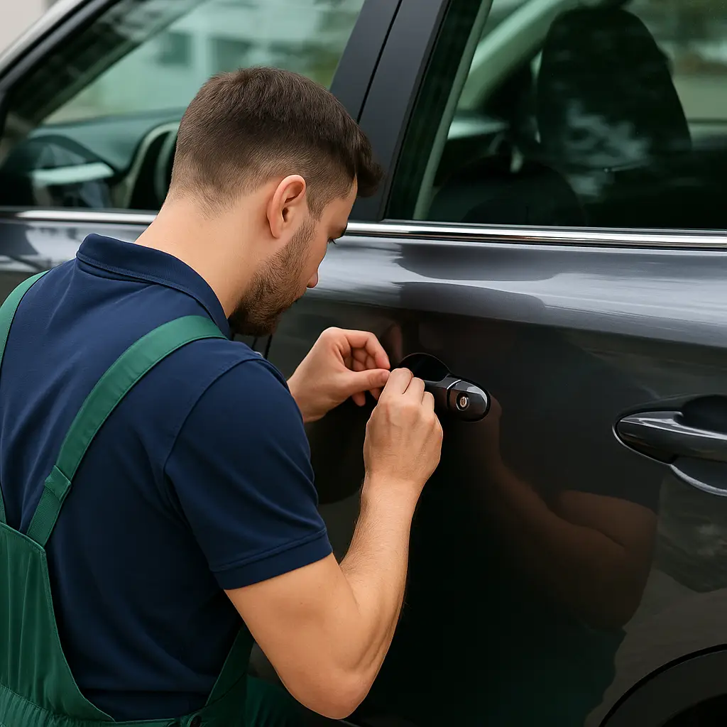 Técnico cerrajero de HomeSecurePTY abriendo un automóvil sin causar daños, en Ciudad de Panamá.
